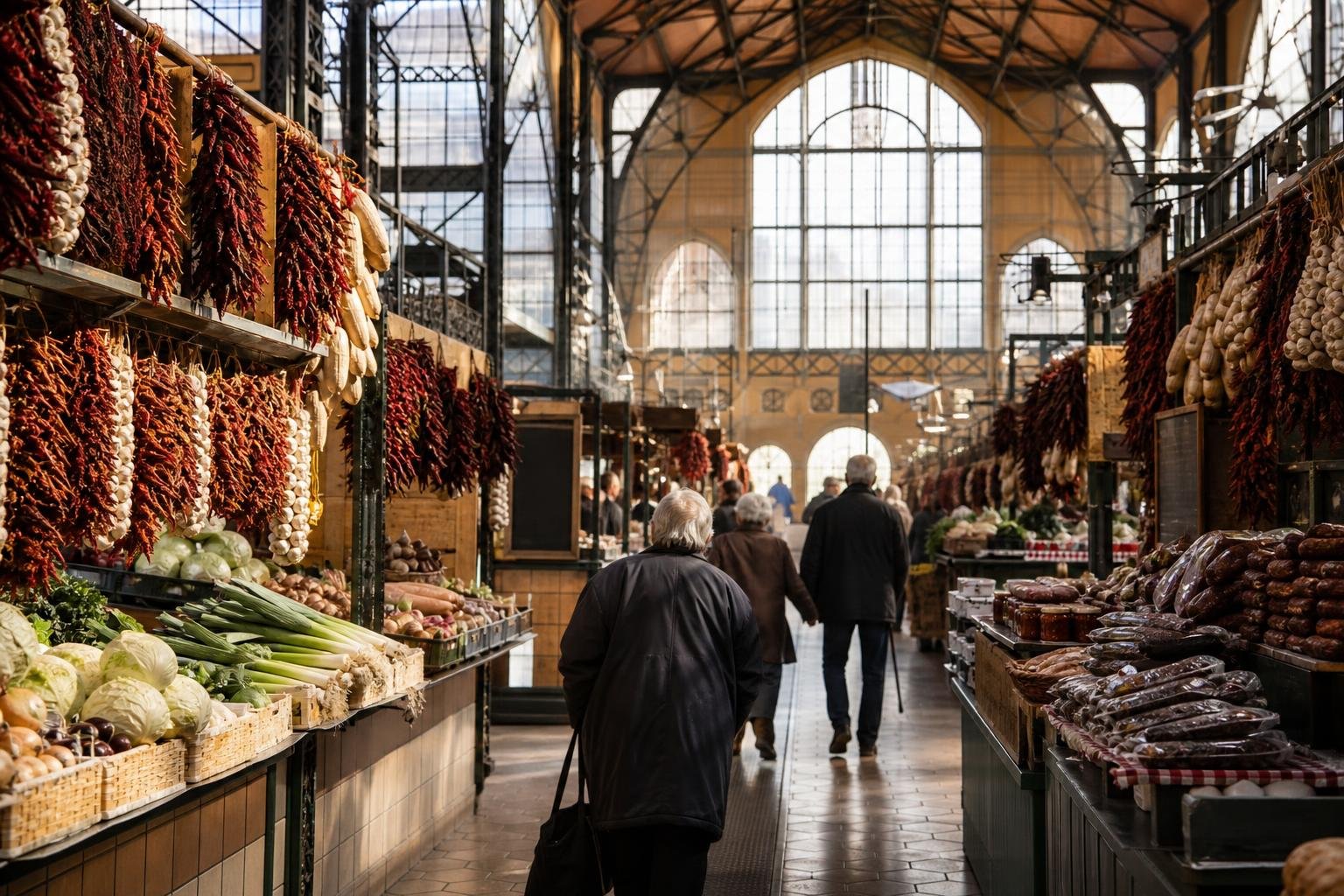 Paprikafüzérek és friss zöldségek egy régi vásárcsarnok standjain