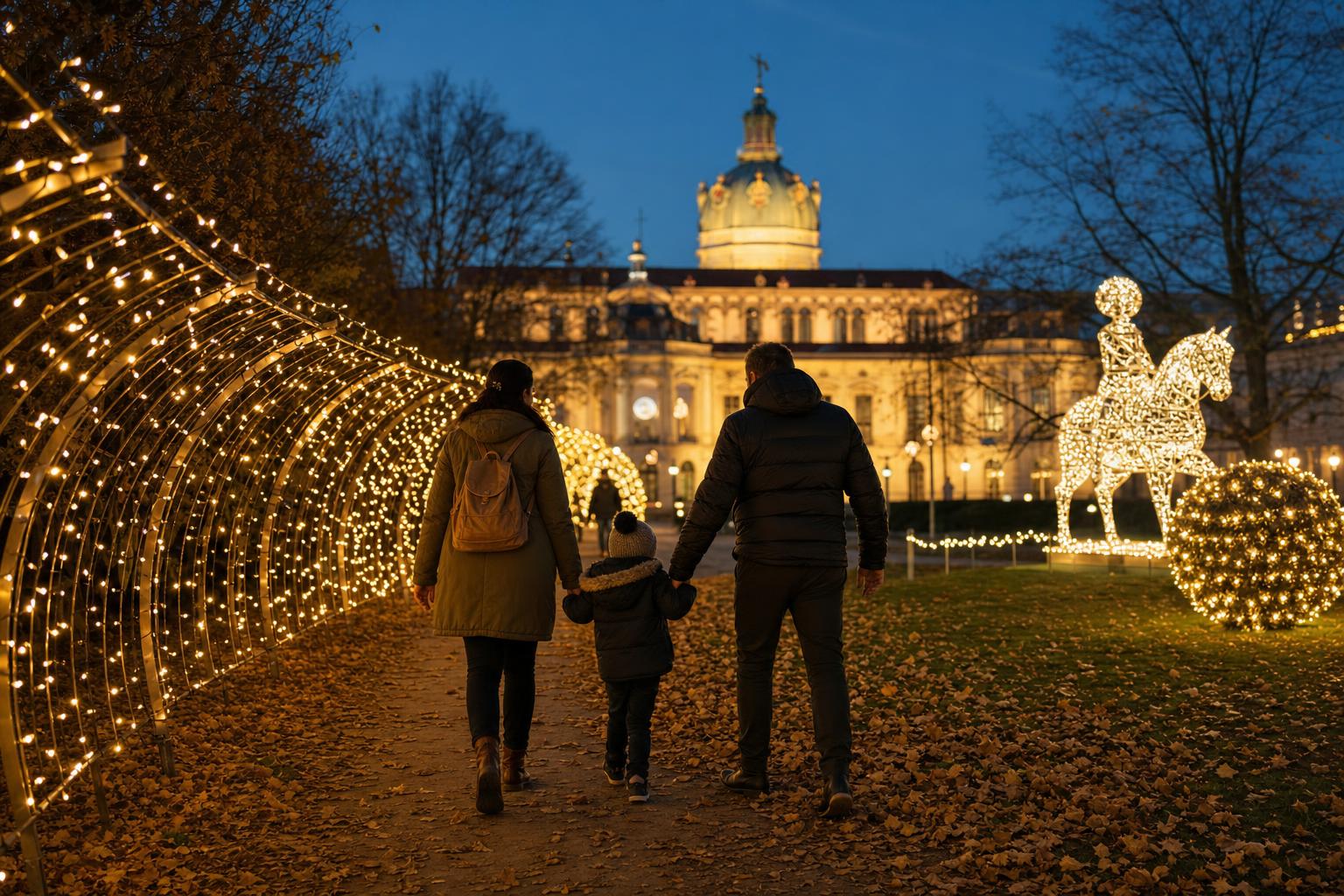 Fényekkel díszített kastélypark esti sétányán sétáló család, a háttérben kivilágított barokk kastély, őszi falevelekkel