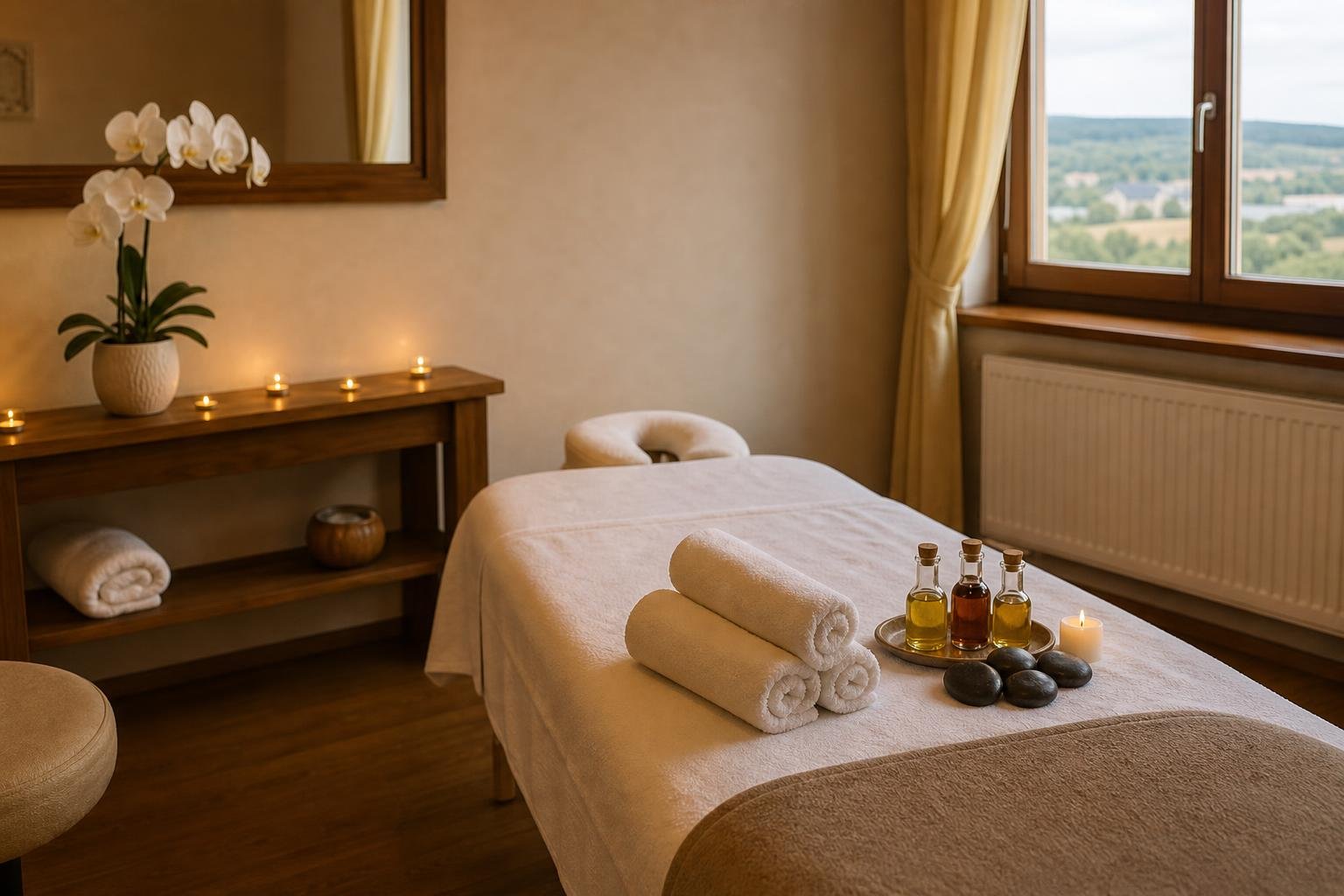Nyugodt masszázsszoba fehér lepedős masszázsággyal, olajos üvegekkel, sima kövekkel és gyertyával