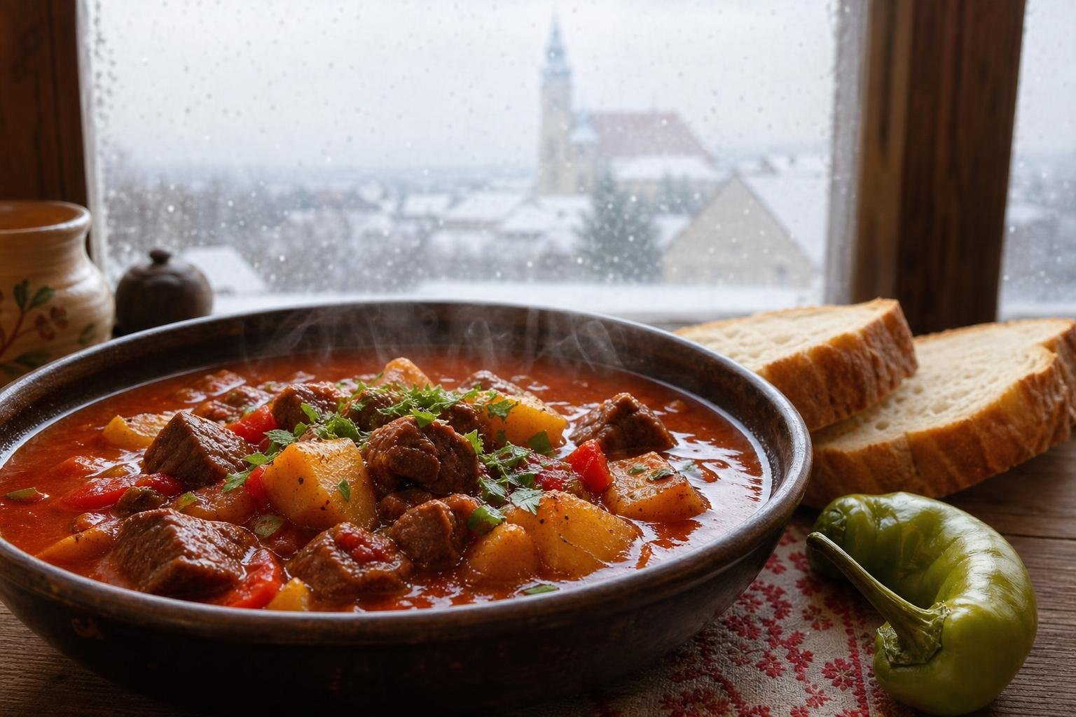Gőzölgő gulyásleves kenyérrel egy rusztikus asztalon