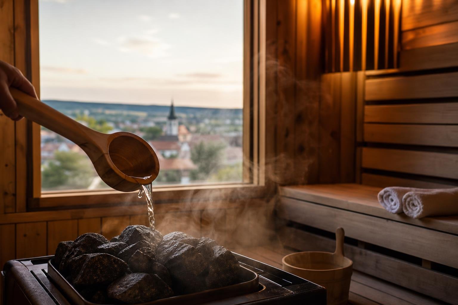 Fakanállal vizet öntenek a forró kövekre egy finn szaunában