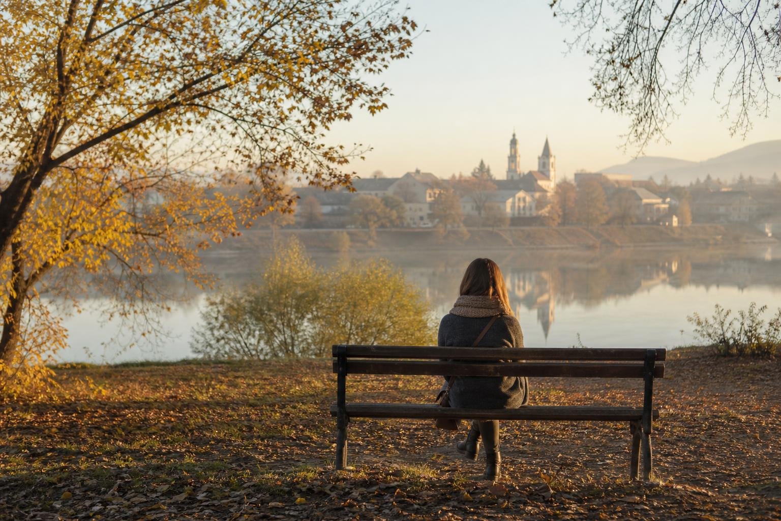 Padon ülő ember egy csendes őszi parkban