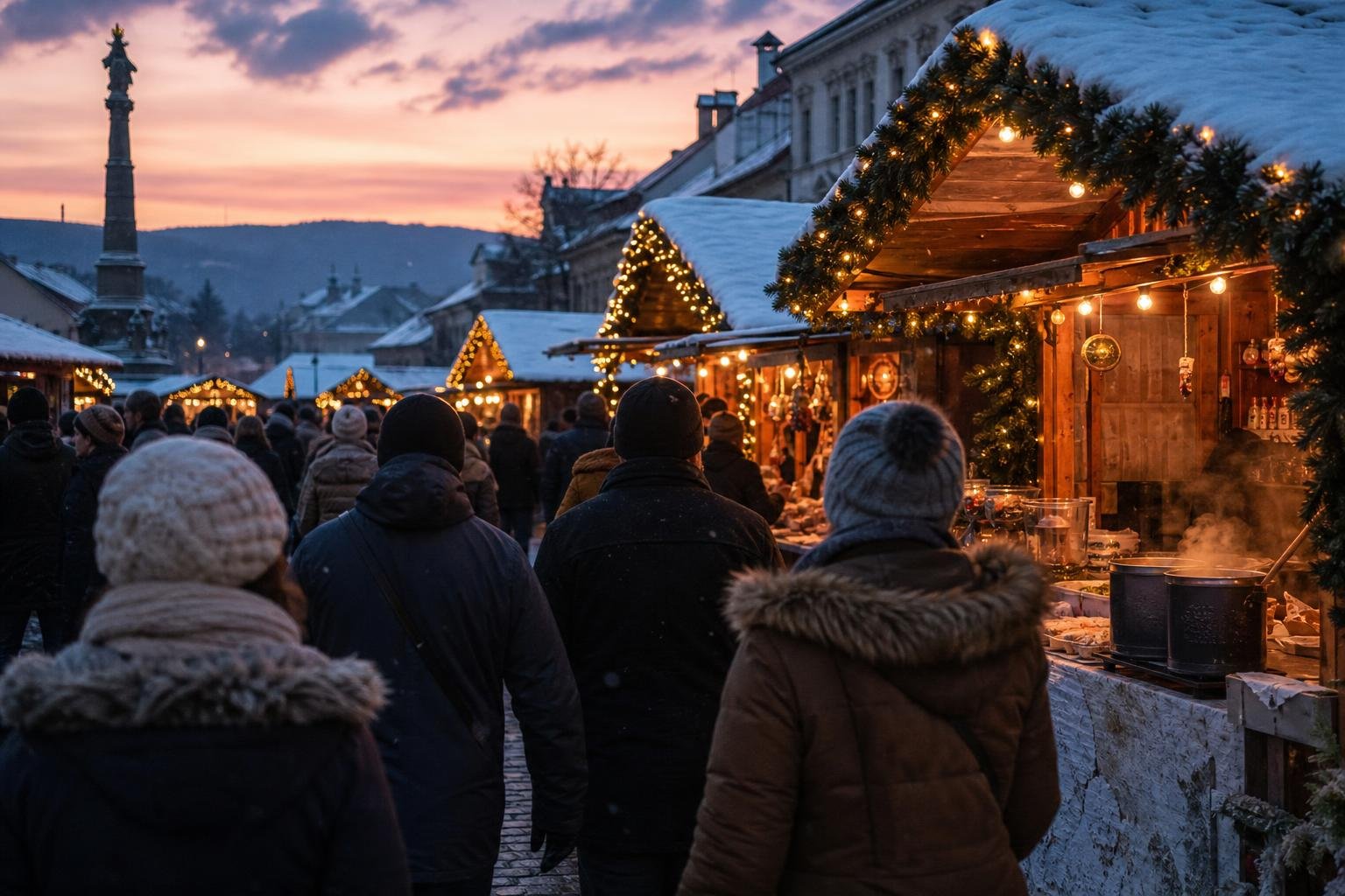 Kivilágított faházikók egy adventi vásáron alkonyatkor